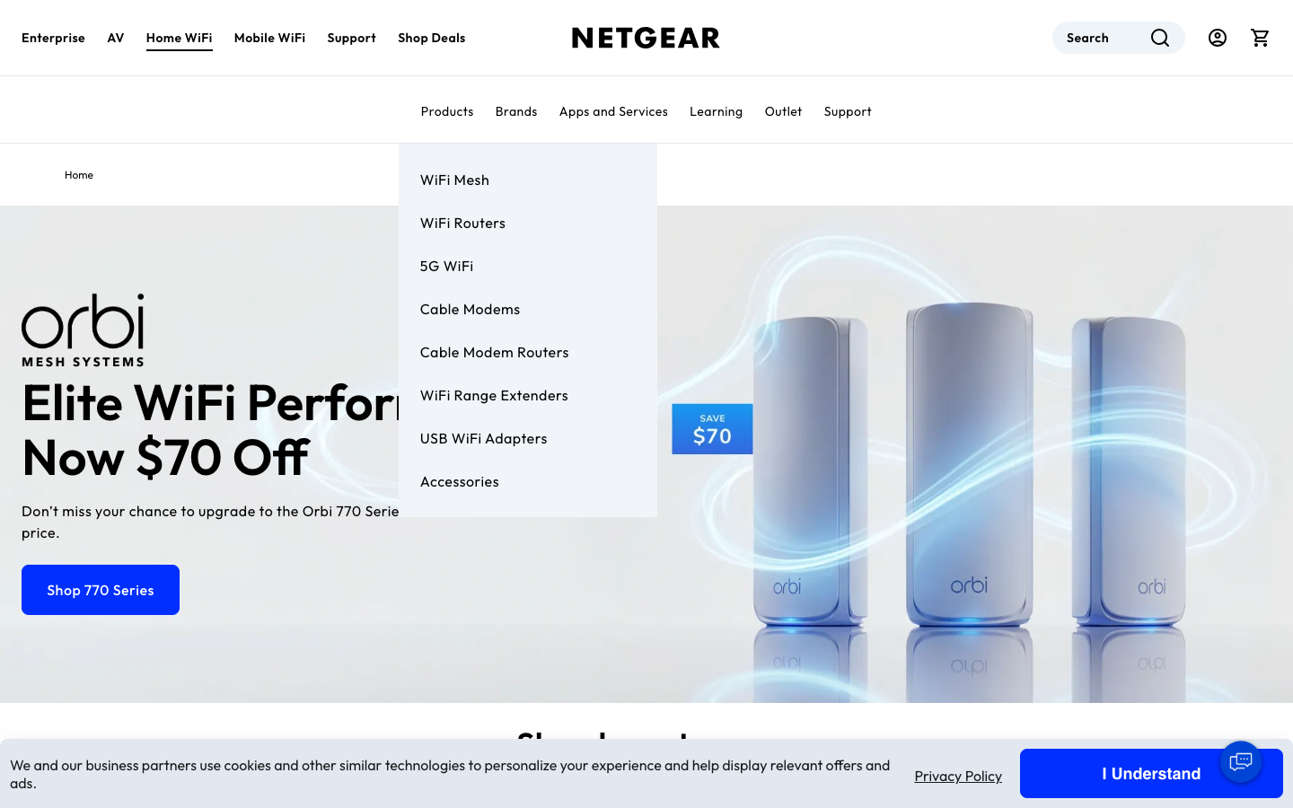 NETGEAR 顶栏 + Products 下拉